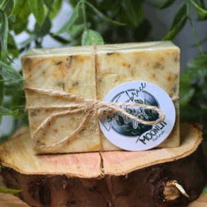 Luna Embrace handmade natural soap bar with jasmine flowers and ylang ylang – vegan, eco-friendly soap by Moonlit Naturals.