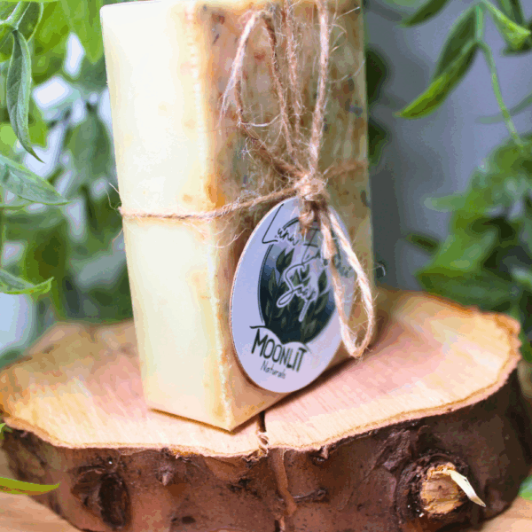 Luna Embrace handmade natural soap bar with jasmine flowers and ylang ylang – vegan, eco-friendly soap by Moonlit Naturals.